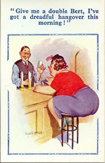 Frump: Comic postcard, Woman with hangover in a pub