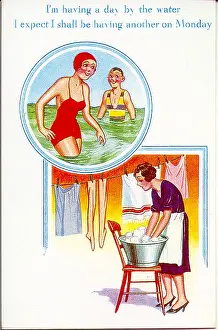 Washday: Comic postcard, Woman on holiday, then home again