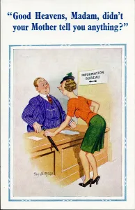 Spinster: Comic postcard, Woman at Information Bureau