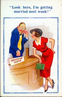 Enquiries: Comic postcard, Woman at Information Bureau