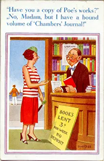 Spinster: Comic postcard, Woman at a lending library