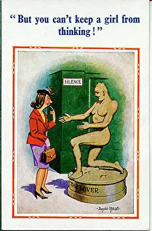 Unattractive: Comic postcard, Woman looks thoughtfully at statue