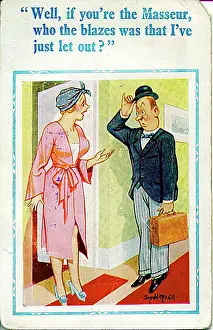Masseur: Comic postcard, Woman with masseur