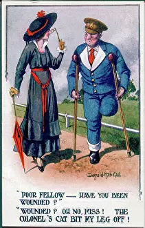 Lorgnette: Comic postcard, Woman pities disabled man, WW1