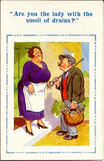 Frump: Comic postcard, Woman and plumber