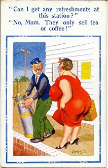 Misunderstanding: Comic postcard, Woman and porter on station platform