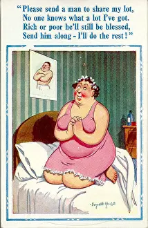 Spinster: Comic postcard, Woman praying for a man