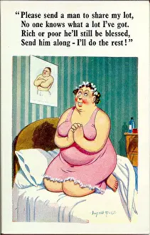 Spinster: Comic postcard, Woman praying for a man