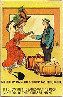 Underskirt: Comic postcard, Woman and railway porter