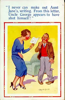 Decipher: Comic postcard, Woman reading aunt's letter