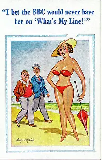 Curvy: Comic postcard, Woman in red bikini on the beach