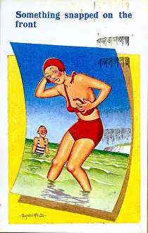 Snapped: Comic postcard, Woman in red bikini at the seaside