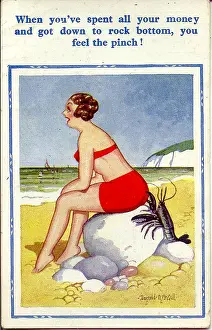 Pinch: Comic postcard, Woman in red bikini at the seaside