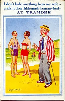 Tramore: Comic postcard, Woman in red bikini at the seaside