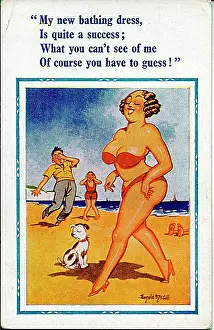 Curvy: Comic postcard, Woman in red bikini at the seaside