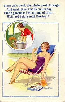 Washtub: Comic postcard, Woman relaxing on the beach