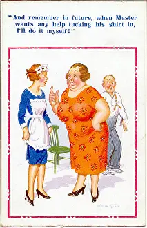 Infidelity: Comic postcard, Woman reprimands servant