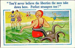 Liberties: Comic postcard, Woman in the sea with an octopus