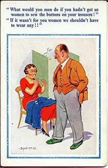Comic postcard, Woman sewing trousers