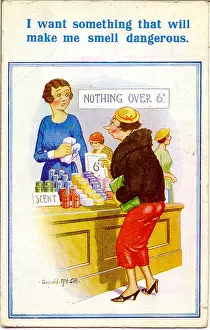 Unattractive: Comic postcard, Woman shopping for perfume