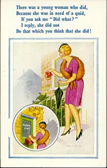 Lender: Comic postcard, Woman short of money