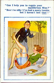 Misunderstanding: Comic postcard, Woman slips on pavement