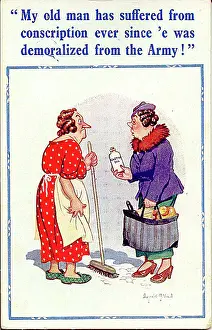 Malapropism: Comic postcard, Woman talks about her husband