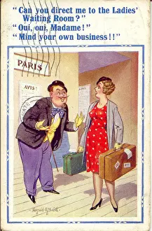 Misunderstanding: Comic postcard, Woman travelling in Paris