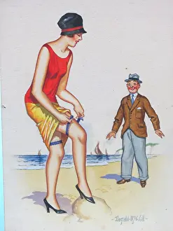 Voyeurism: Comic postcard, Woman tying garter on the beach