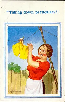 Particulars: Comic postcard, Woman and washing line