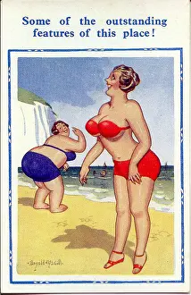 Voluptuous: Comic postcard, Two women in bikinis at the seaside