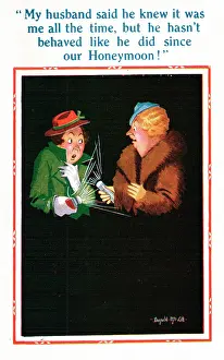 Frump: Comic postcard, two women in blackout, WW2