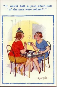 Teashop: Comic postcard, Two women in a cafe