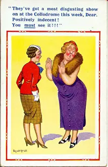 Indecent: Comic postcard, Women chatting about a show