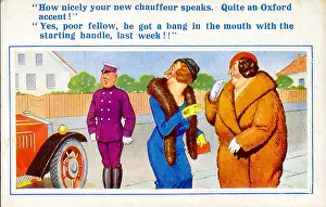 Accent: Comic postcard, Two women discuss chauffeur