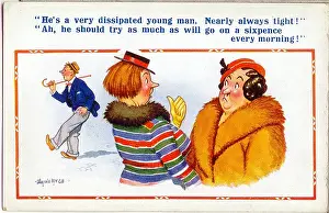 Misunderstanding: Comic postcard, Women discuss drunkard in street