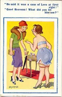 Frump: Comic postcard, Two women discuss encounter