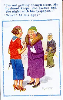 Misunderstanding: Comic postcard, Two women discuss husband