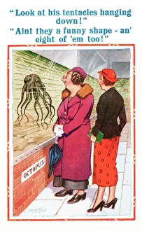 Frump: Comic postcard, two women discuss an octopus