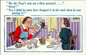 Spinster: Comic postcard, Two women having breakfast