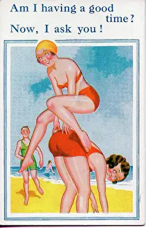 Leapfrogging: Comic postcard, Two women leapfrogging on the beach