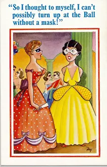 Sagging: Comic postcard, Two women at a masked ball