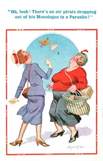 Malapropism: Comic postcard, two women see a parachute, WW2