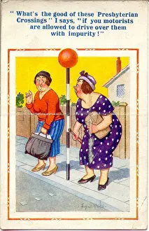 Belisha: Comic postcard, Women at pedestrian crossing