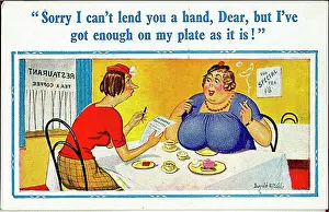Unattractive: Comic postcard, Two women in a restaurant