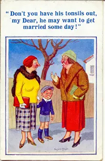 Frump: Comic postcard, Women in street with boy