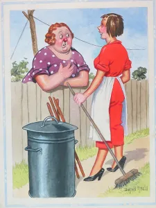 Frump: Comic postcard, Two women talking over fence