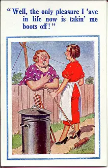 Frump: Comic postcard, Two women talking over fence