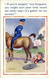 Manhole: Comic postcard, Workman nervous about horse