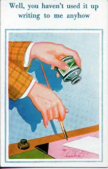 Prompt: Comic postcard, Writing materials, ink, pen and blotter